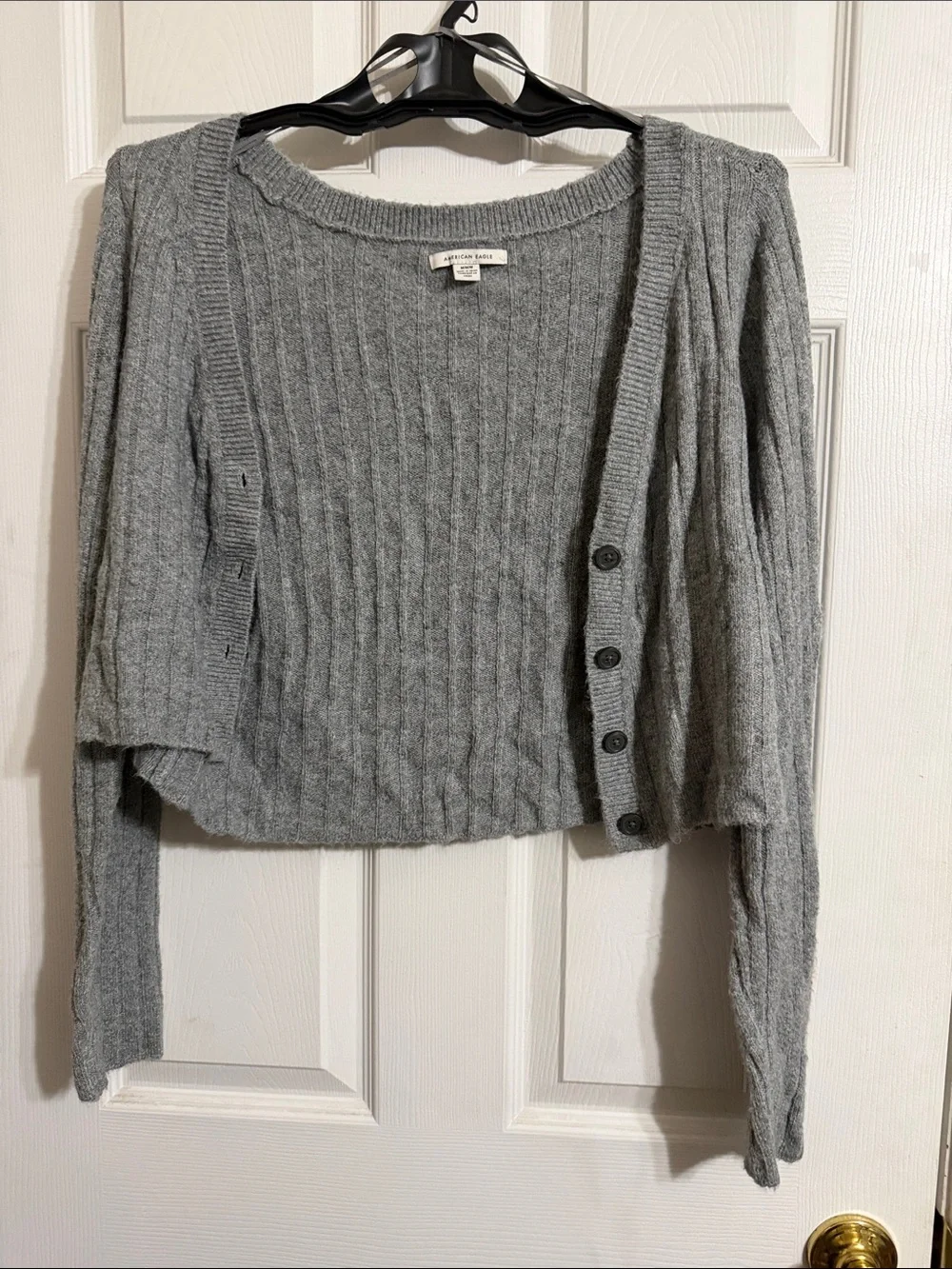 American Eagle Outfitters Gray Cropped Ribbed Button Cardigan